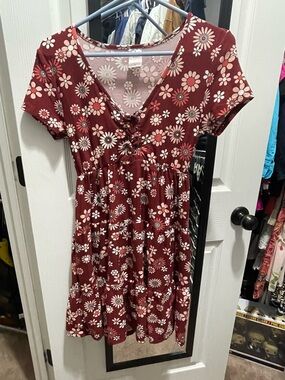 No Boundaries Floral Lace-Up V-Neck Mini Dress in Burgundy and Cream